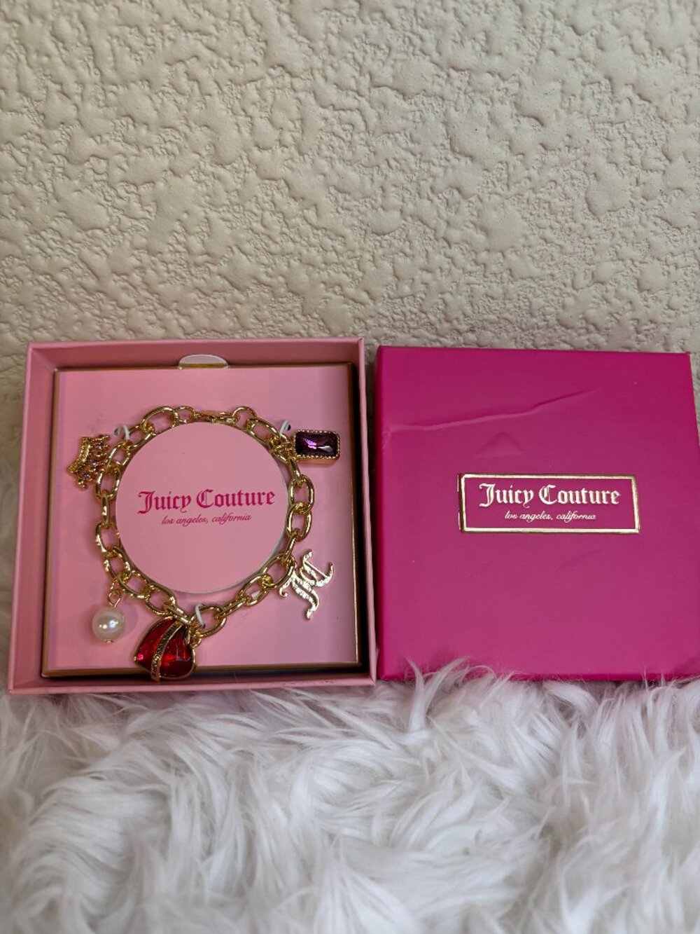 Juicy Couture Gold Charm Bracelet Heart Pearl Bow Rhinestone Purple Crystal NWT